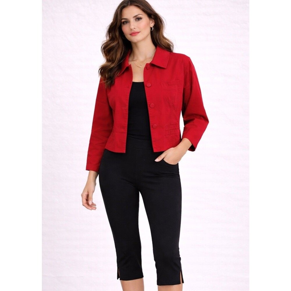 Vintage 90s Espirit Red Shoulder Pads Blazer Button Up Crop Jacket Womens Sz S